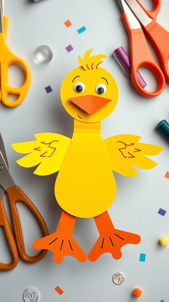 Duck Paper Doll Craft A vibrant duck paper doll made from colored paper, showcasing its cute features and decorations.